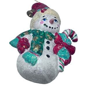 Glitter Snowman Ornament w/ Green Scarf, Candy Cane & Santa Hat with Bell